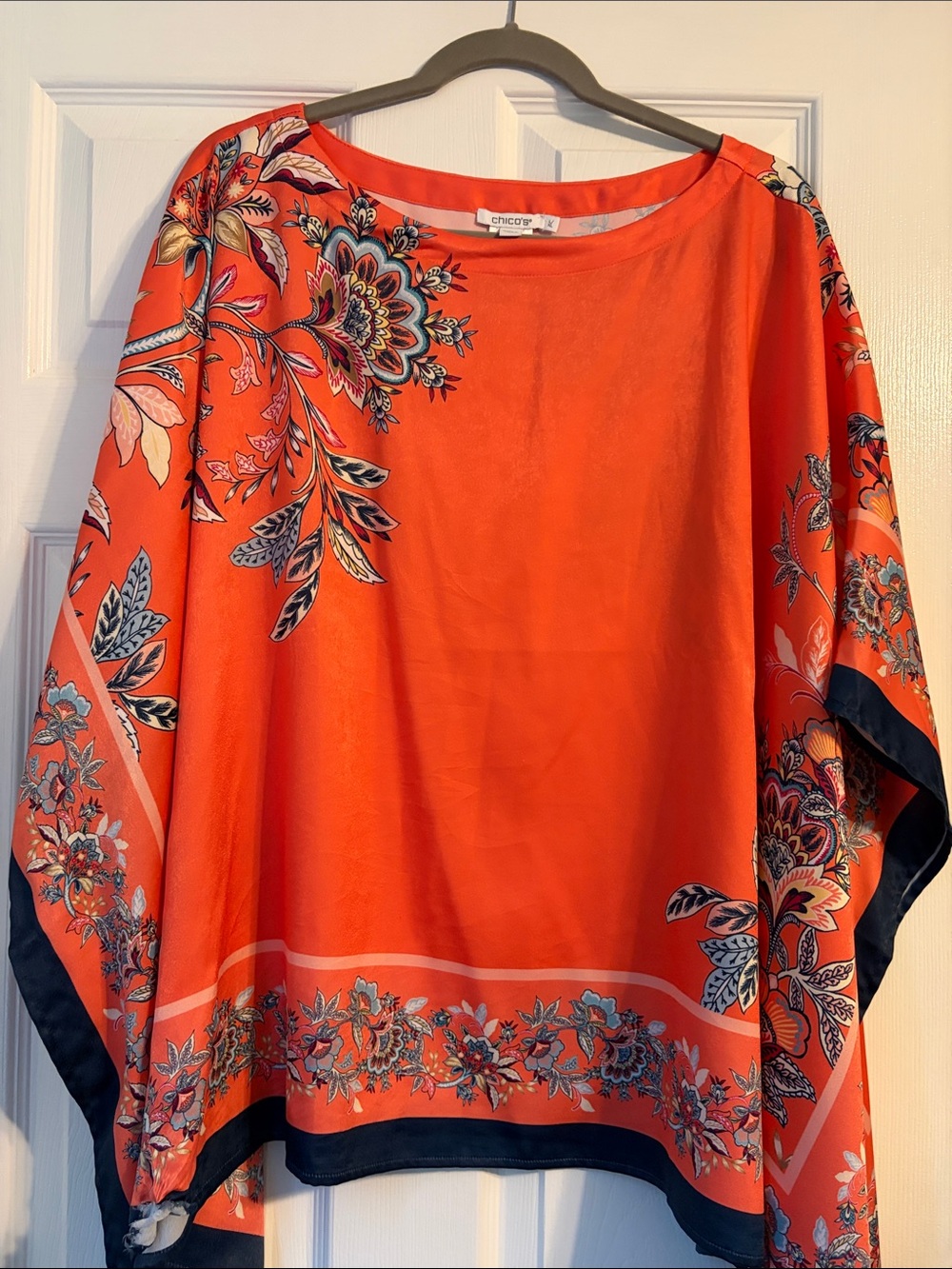 Chico's Bright Orange Floral Border Boatneck Tunic